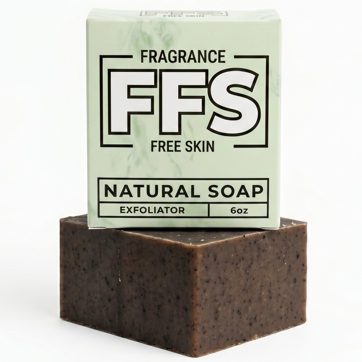 Bar of natural soap with a box labeled 'FFS Fragrance Free Skin' on a white background