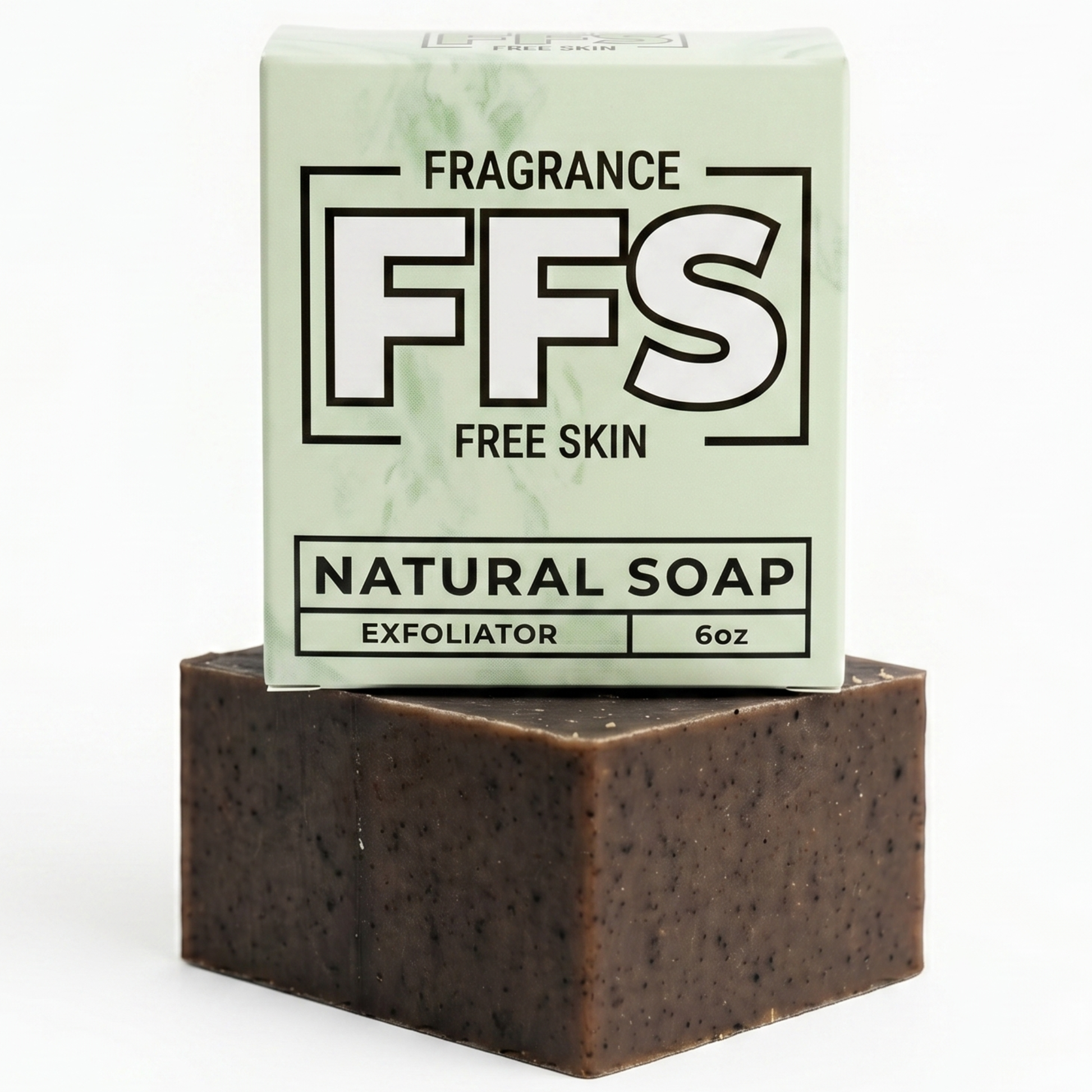 Bar of natural soap with a box labeled 'FFS Fragrance Free Skin' on a white background