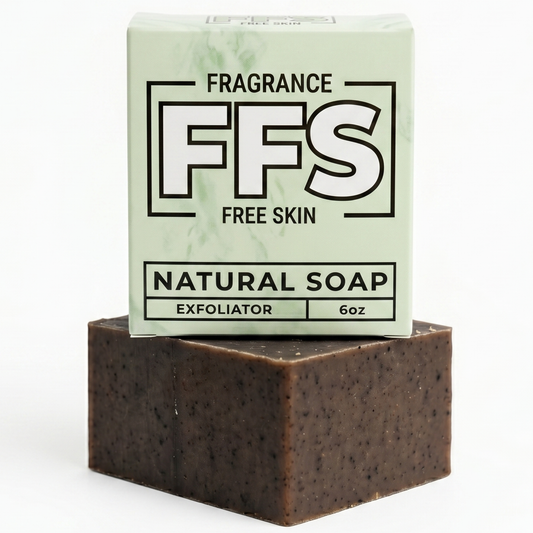 Bar of natural soap with a box labeled 'FFS Fragrance Free Skin' on a white background