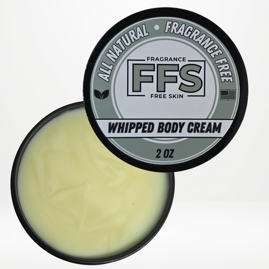 Whipped body cream container with 'FFS' branding on a white background