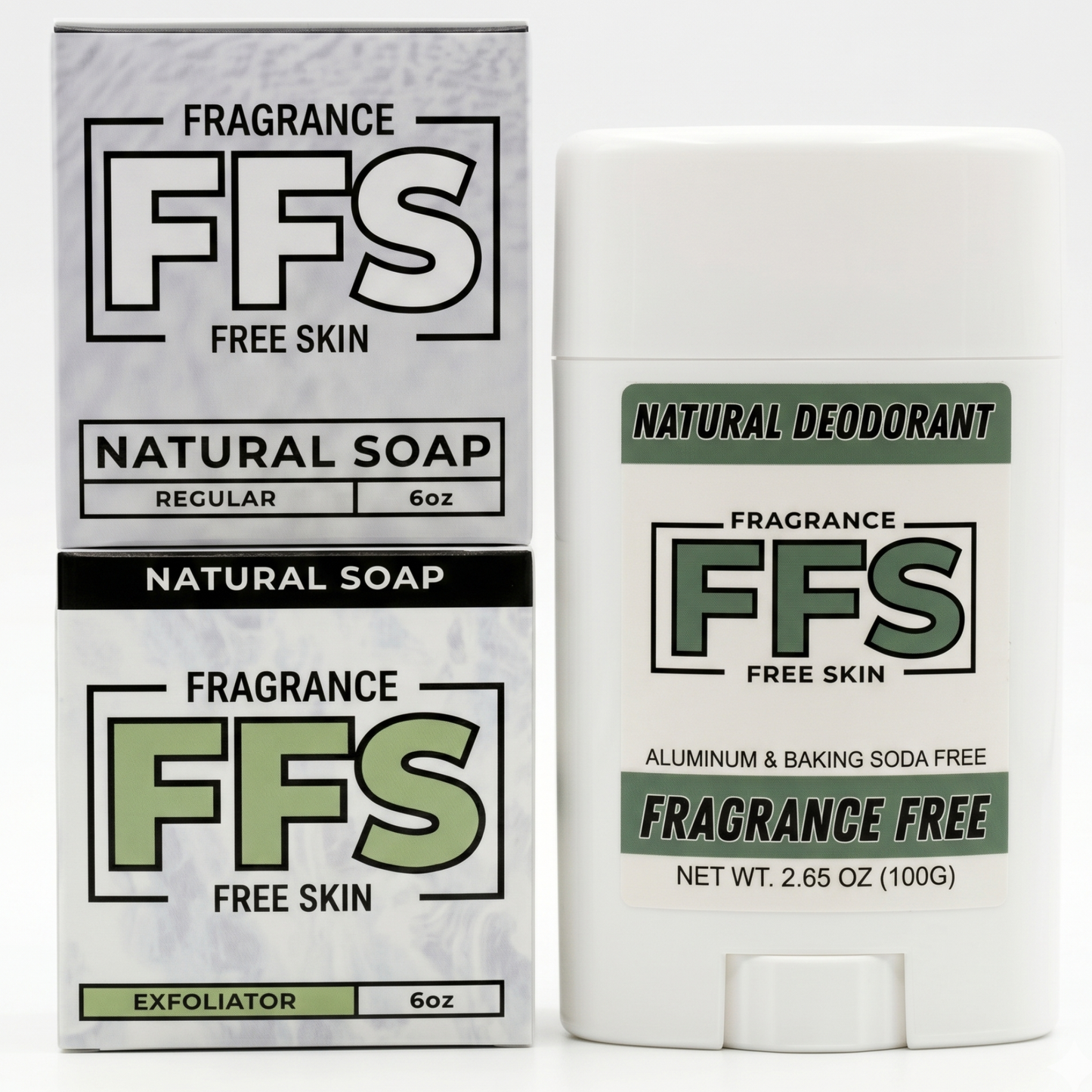 Fragrance-free daily routine skincare bundle for sensitive skin featuring two unscented 6oz natural soap bars stacked next to an aluminum-free deodorant stick on a clean white background.