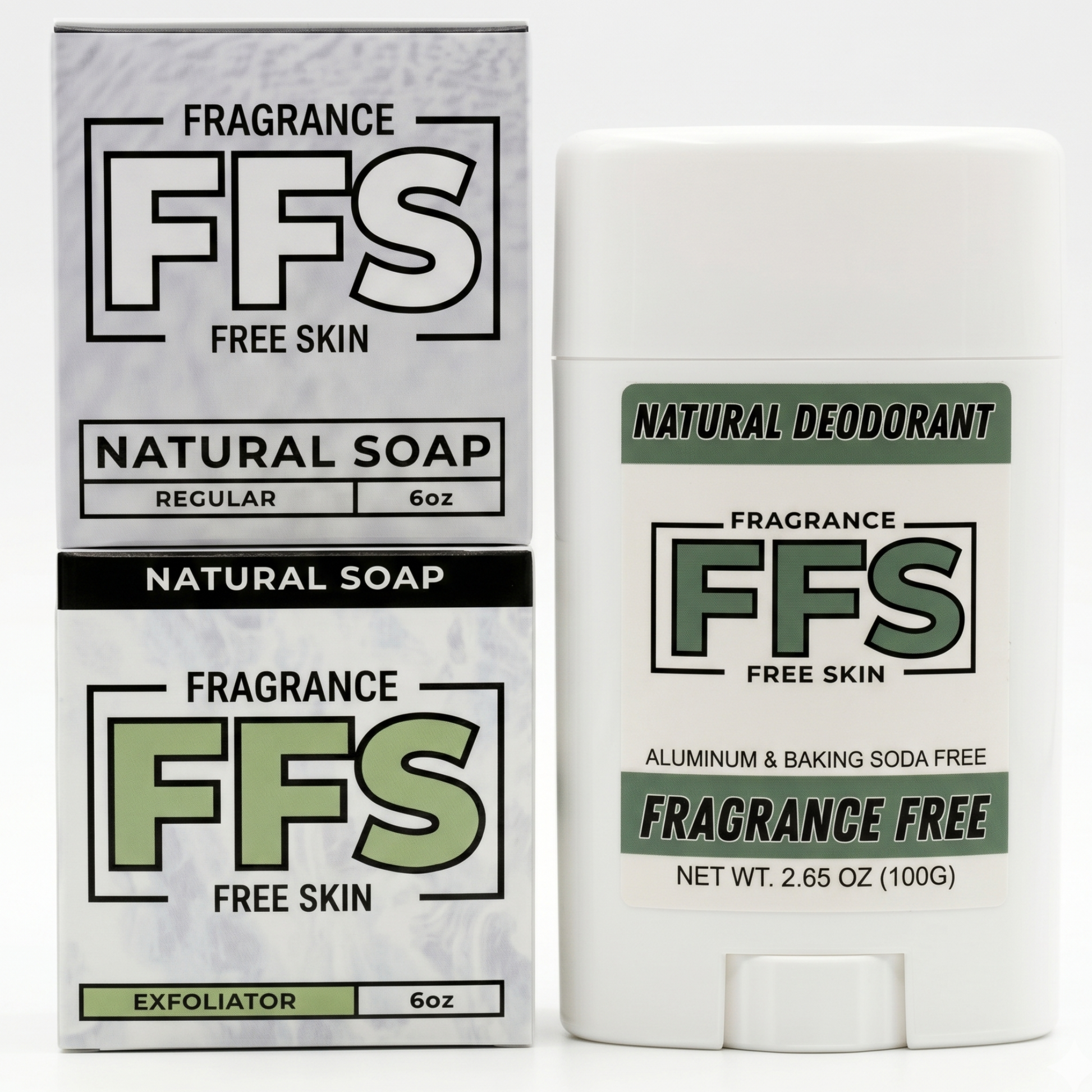 Fragrance-free daily routine skincare bundle for sensitive skin featuring two unscented 6oz natural soap bars stacked next to an aluminum-free deodorant stick on a clean white background.