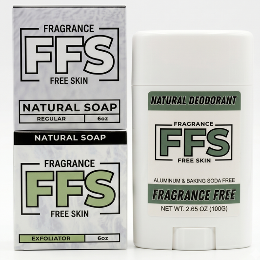 Fragrance-free daily routine skincare bundle for sensitive skin featuring two unscented 6oz natural soap bars stacked next to an aluminum-free deodorant stick on a clean white background.